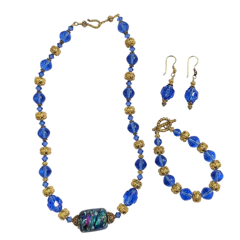 Dichroic Glass Bead & Blue Crystals Necklace with Matching Earrings and Bracelet